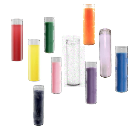 Glass Encased Candle-1 item-23 Colored Prayer Candles-100% Soy Wax- Fragrance Free-Dimensions: 2.33" inches Wide 8"High-Long Burn-Made in the USA